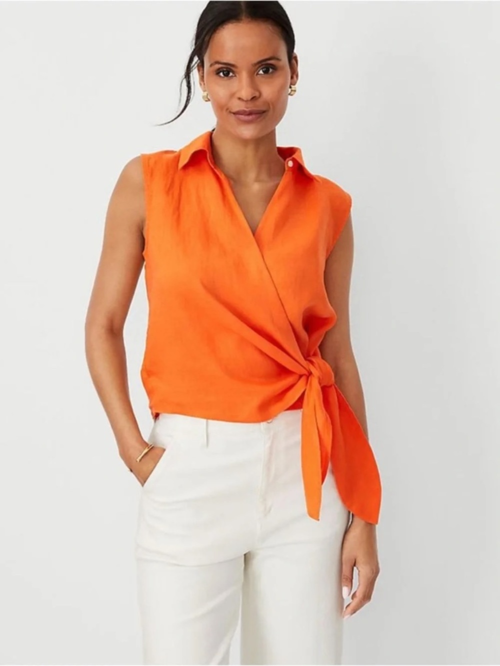 Ann Taylor Orange Linen Sleeveless Tie Front Top Small